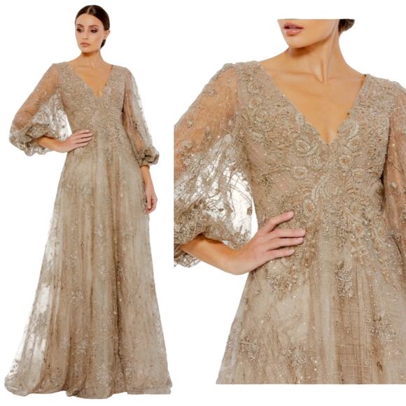 Mac Duggal 20283 4 Mocha Sequin Beaded 3/4 Long Puff Sleeve Gown Dress - Picture 1 of 9